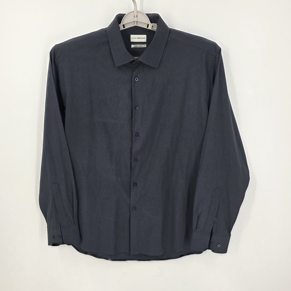 Lucky Brand Men's Sz XL 17/17.5  Navy Blue Button Up‎ Slim Fit 4 Way Stretch